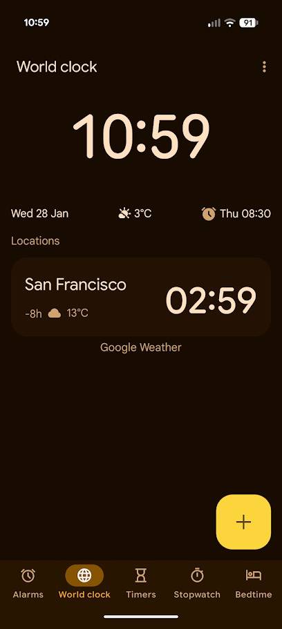 world clock in google clock app in dark mode