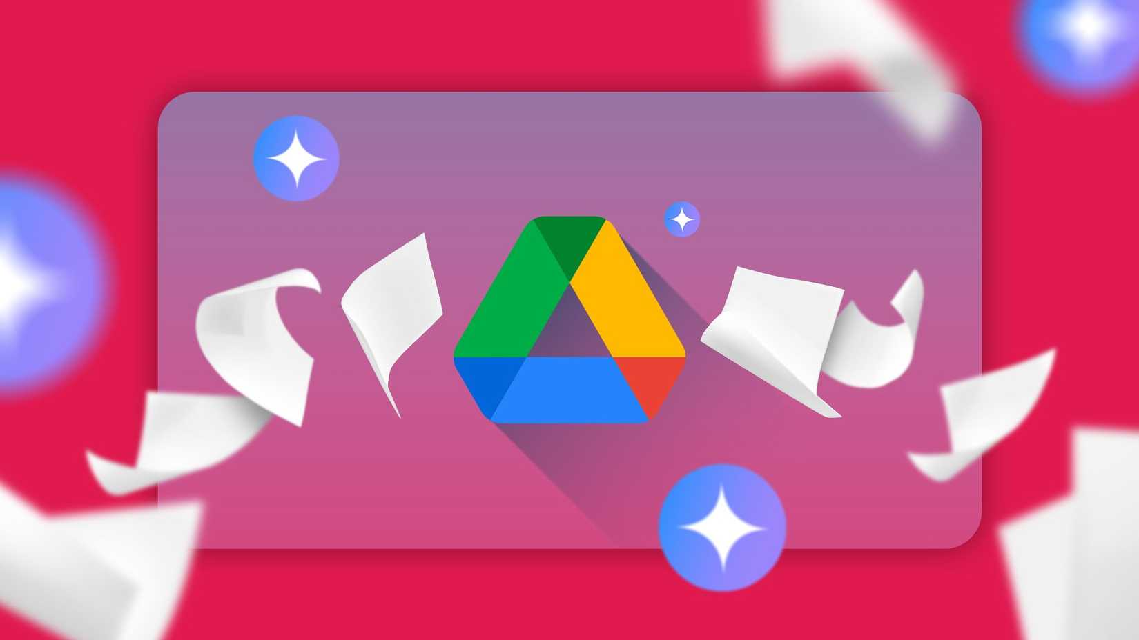Google Drive logo surrounded by floating sheets of paper and Gemini icons