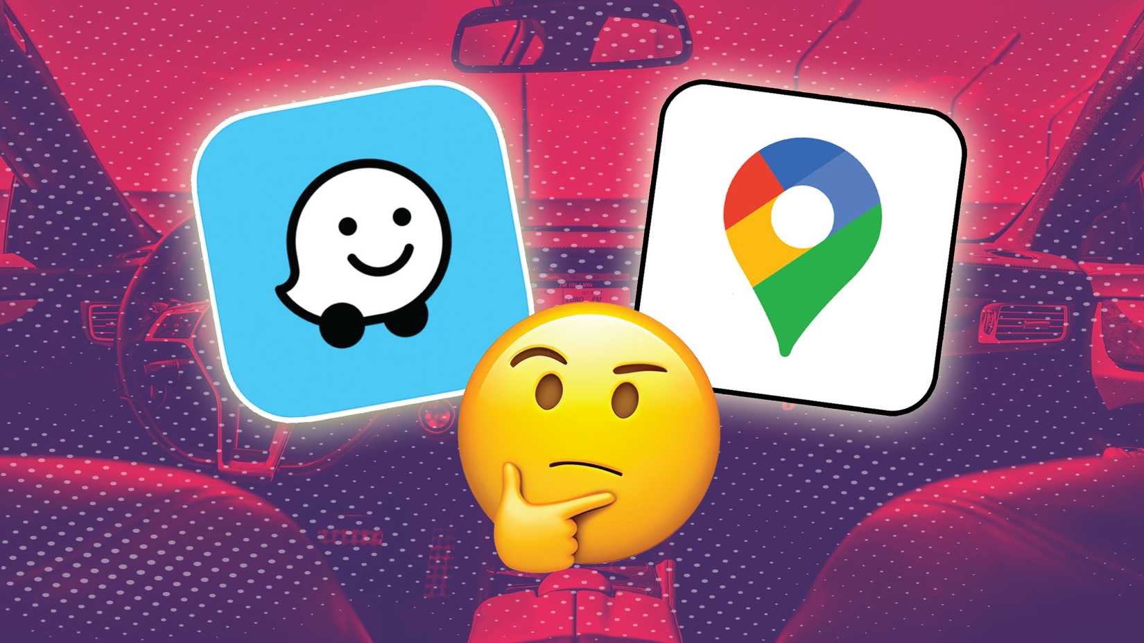 Image showing a thinking emoji flanked by the Waze logo and Google Maps logo on either side