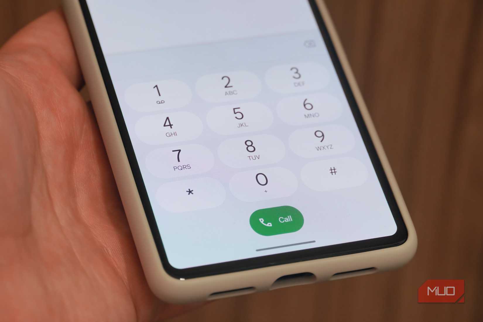 A close-up of the Google Phone dialer on a Pixel 7.