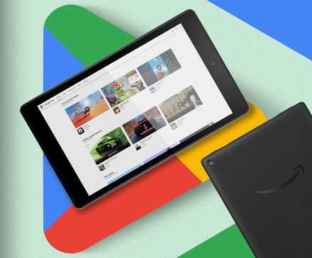 An Amazon Fire tablet over of the Play Store logo.