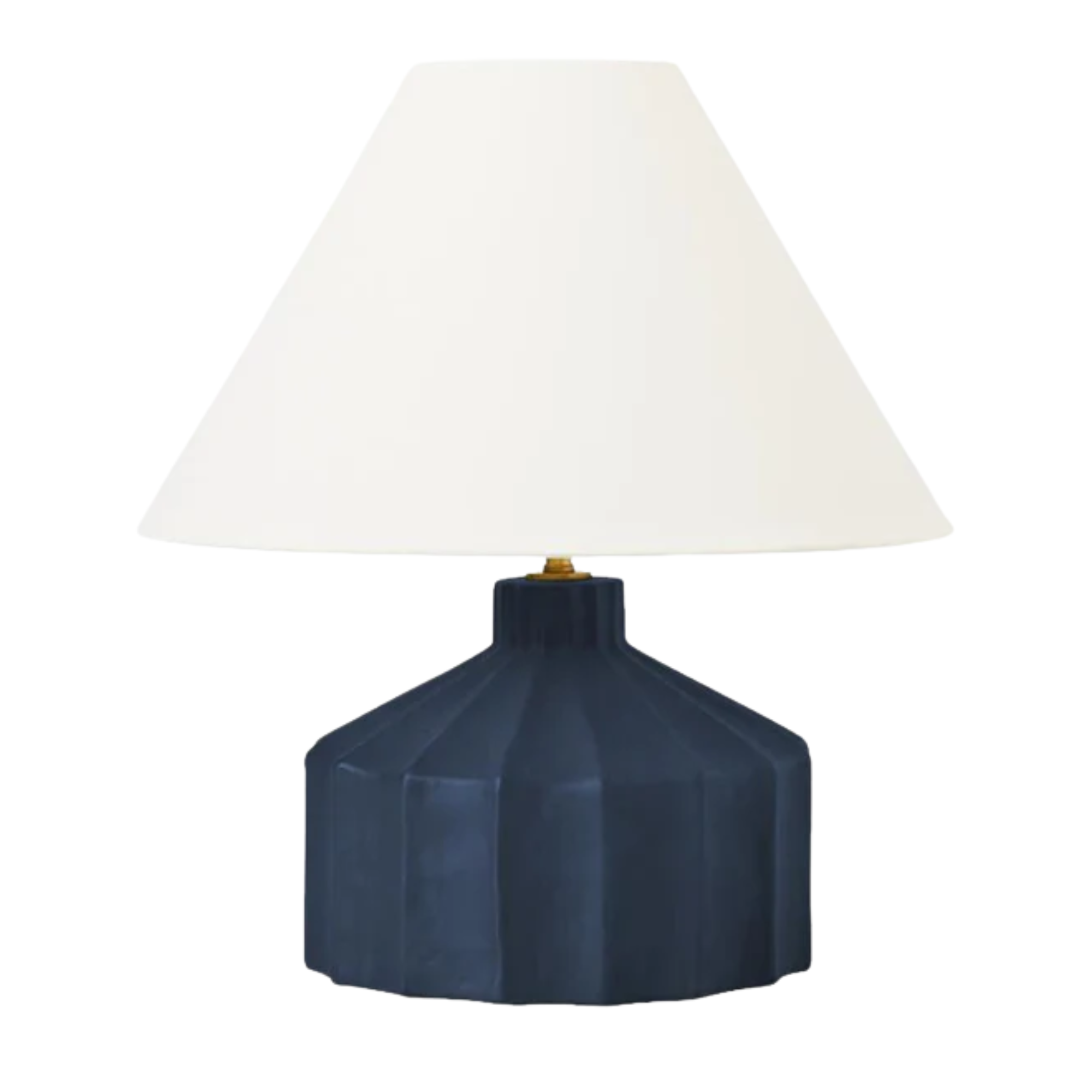 a lamp with a white shade and a blue base