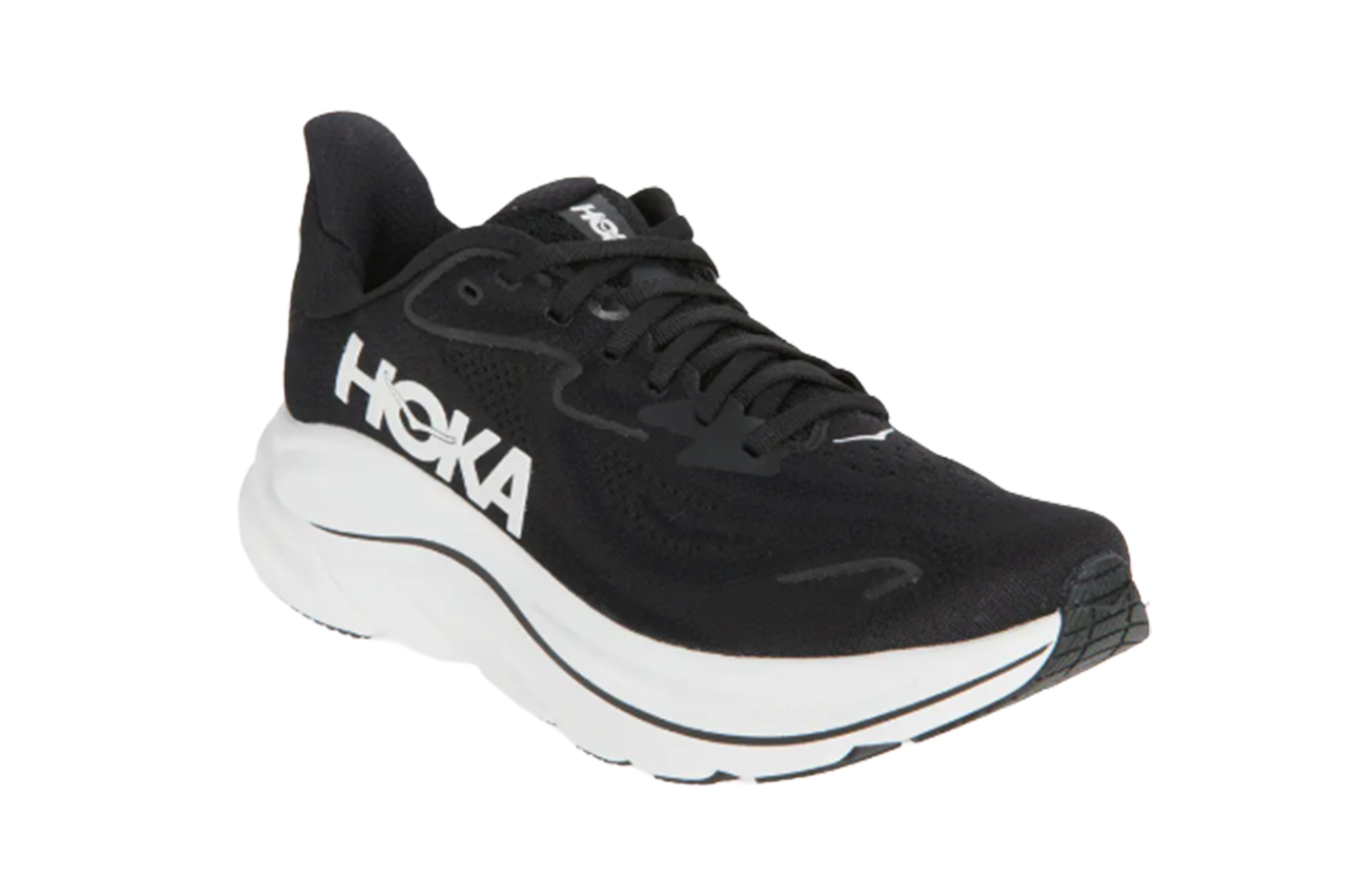 Black Hoka running shoe with white Hoka branding and white sole.