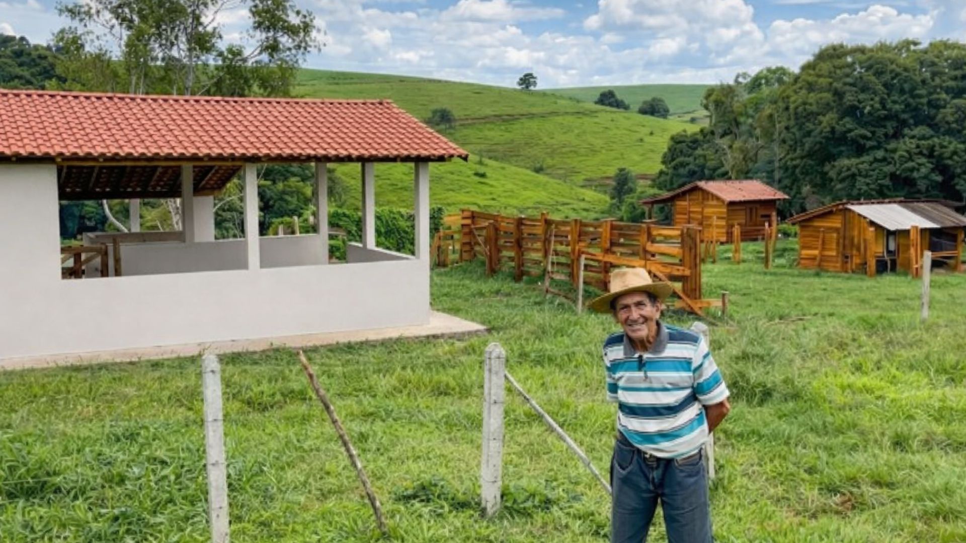 An elderly man living alone on a farm in the countryside, surrounded by coffee plants, a corral, and an old farmhouse.