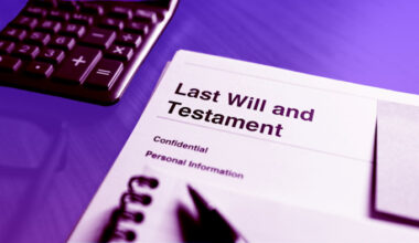 A document labelled "Last Will and Testament" on a desk next to a calculator and notepad.