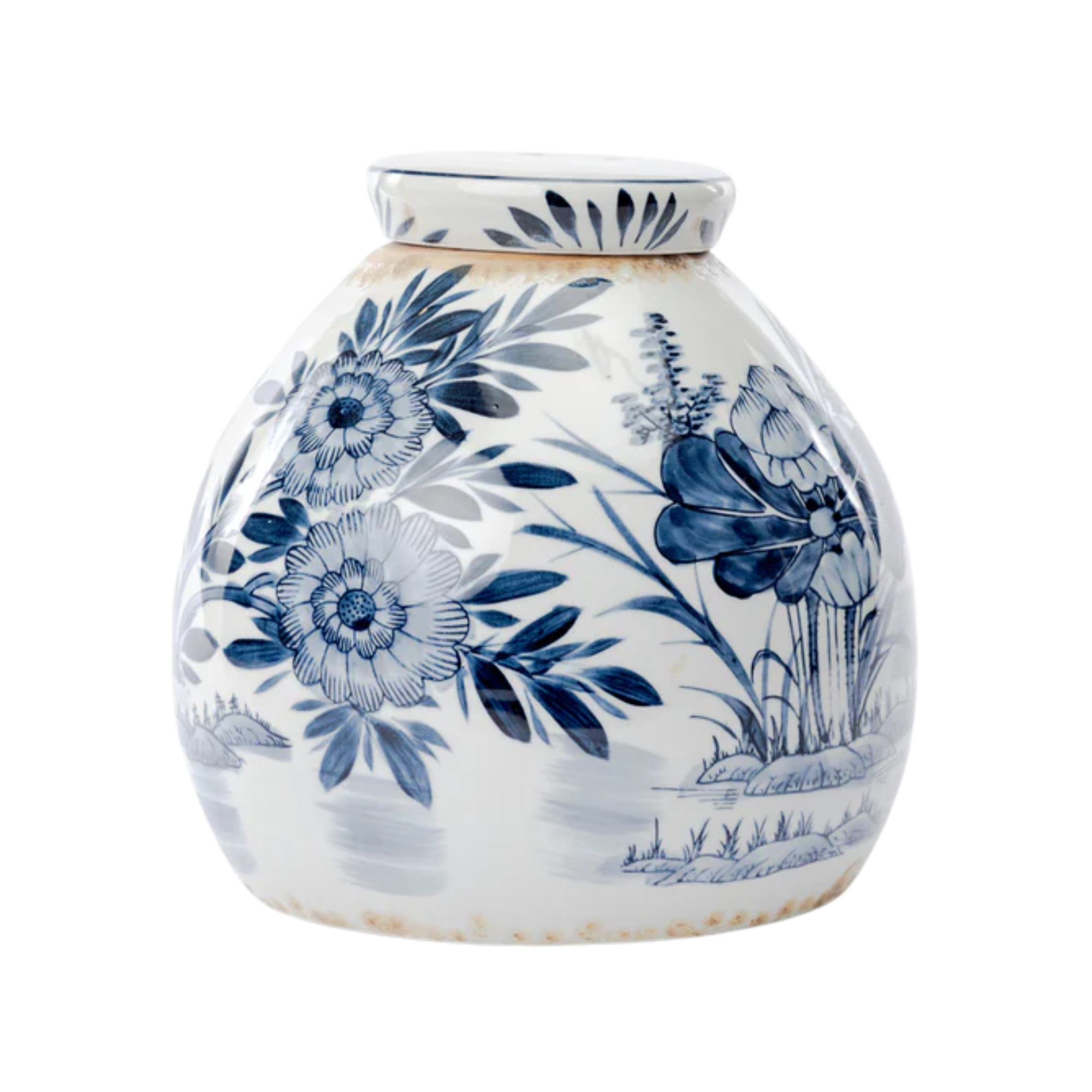 a blue and white ginger jar