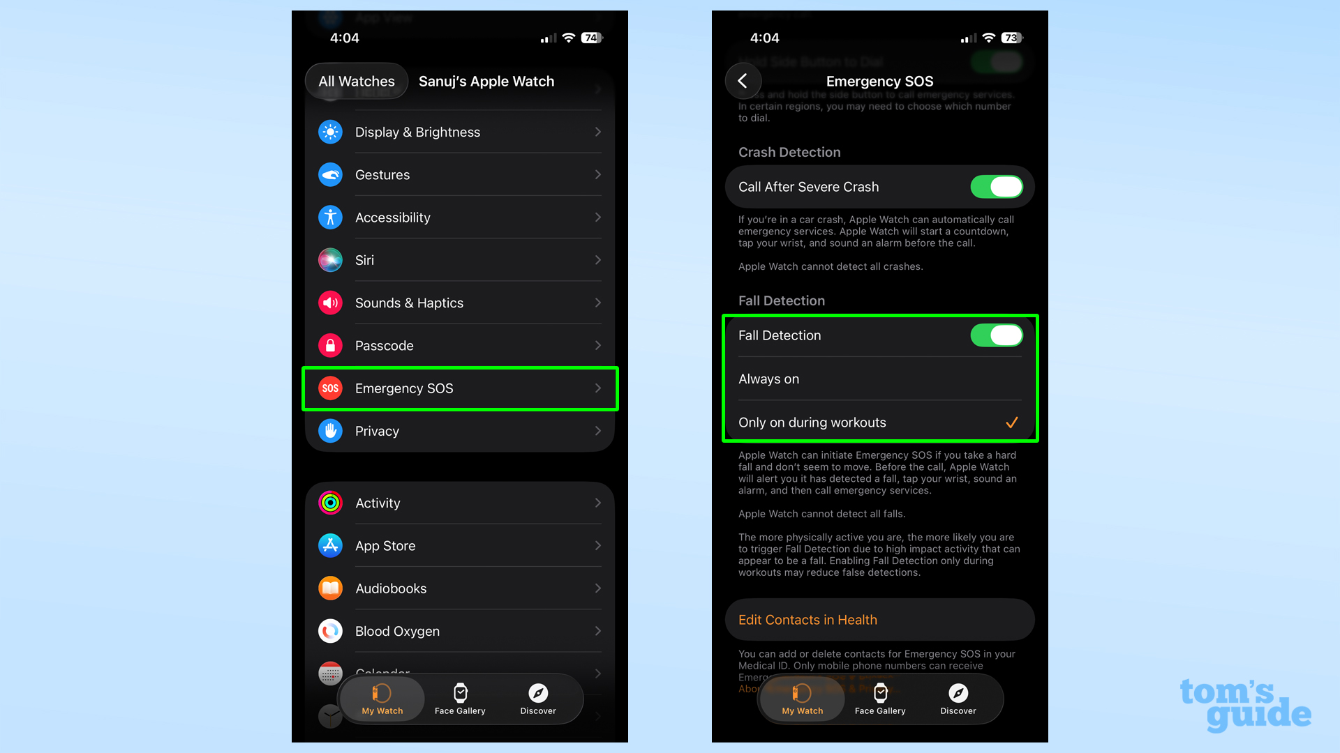 Apple Watch settings enable emergency SOS