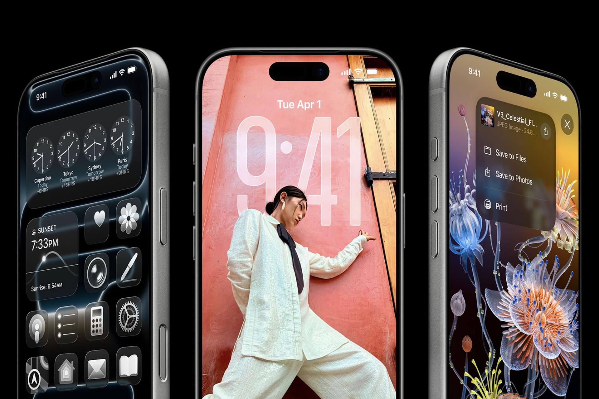 Three iPhones are shown: one displays a dark theme home screen with widgets, the center shows a lock screen with a woman posing against a red wall, and the right shows a photo options menu over a flower image.