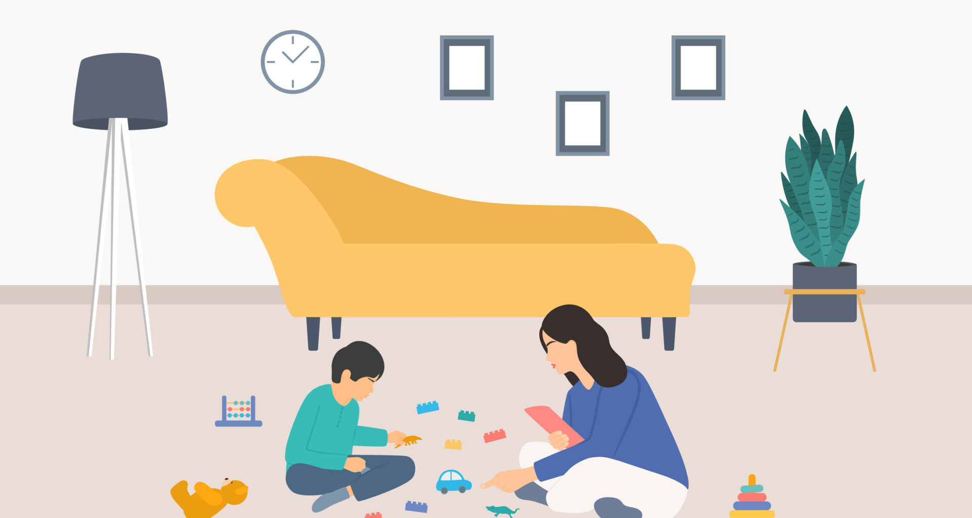 Illustration of a child psychologist watching a little boy with toys.