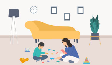 Illustration of a child psychologist watching a little boy with toys.