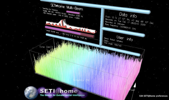 A screenshot of the SETI@home user interface on a desktop computer in 2009. Image credit: Robert Sanders / UC Berkeley.