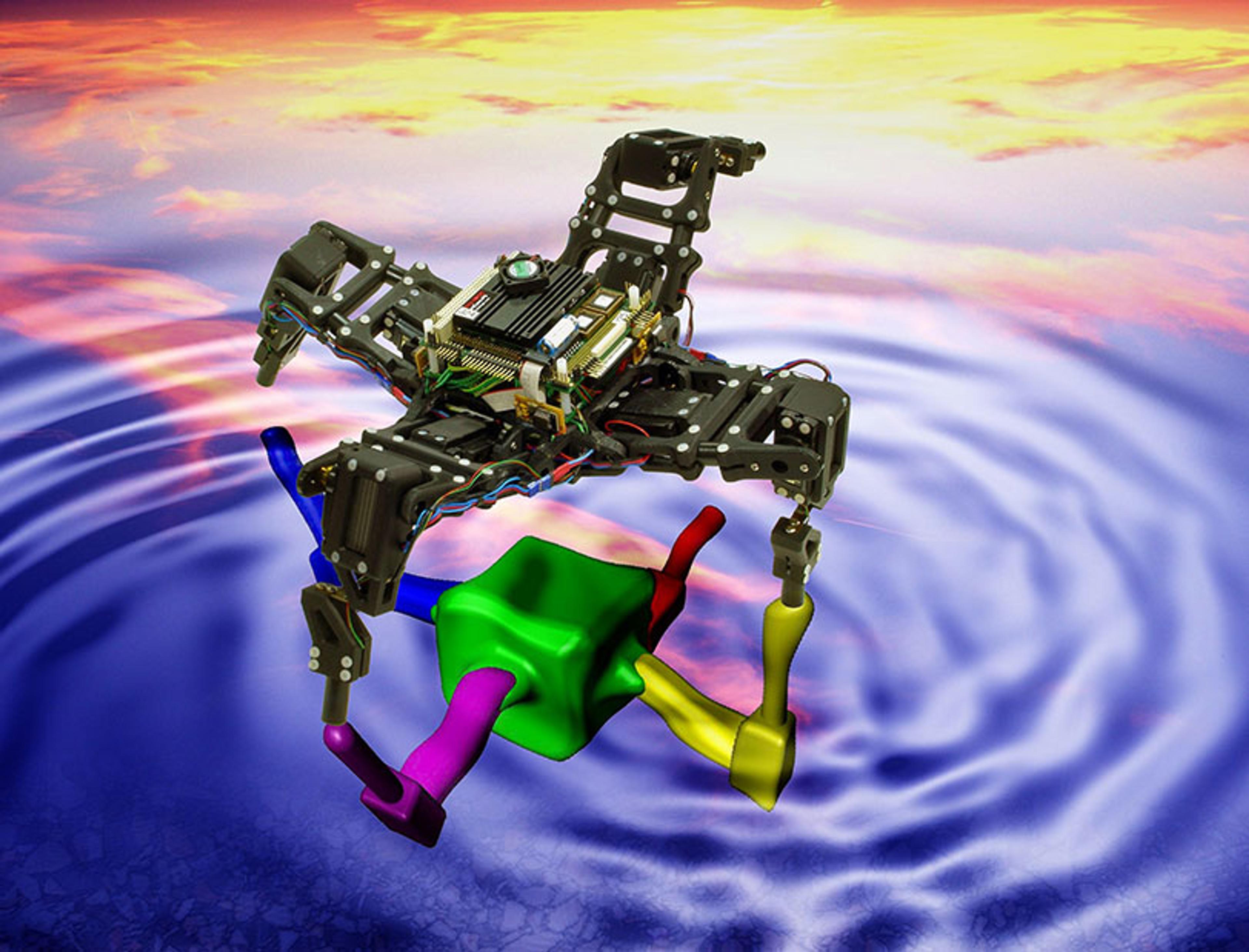 Digital artwork of a robotic quadruped standing on a rippling watery surface under a vibrant sunset sky.