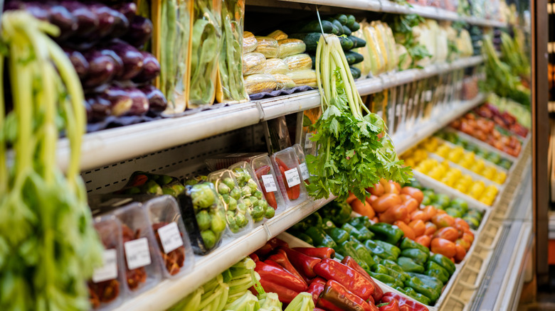 Angled shot of groceries in produce section