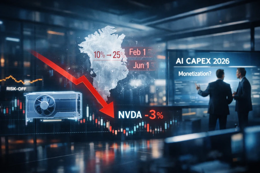 Nvidia stock fell over 3% as Greenland tariff fears sparked risk-off moves and analysts warned 2026 AI capex growth may slow.