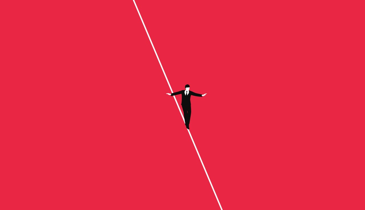 Isometric businessman tightrope walker is on the rope. Teetering on the cable. Business challenge and risk concept. Simple minimal design. Trendy style graphic. Flat vector illustration.