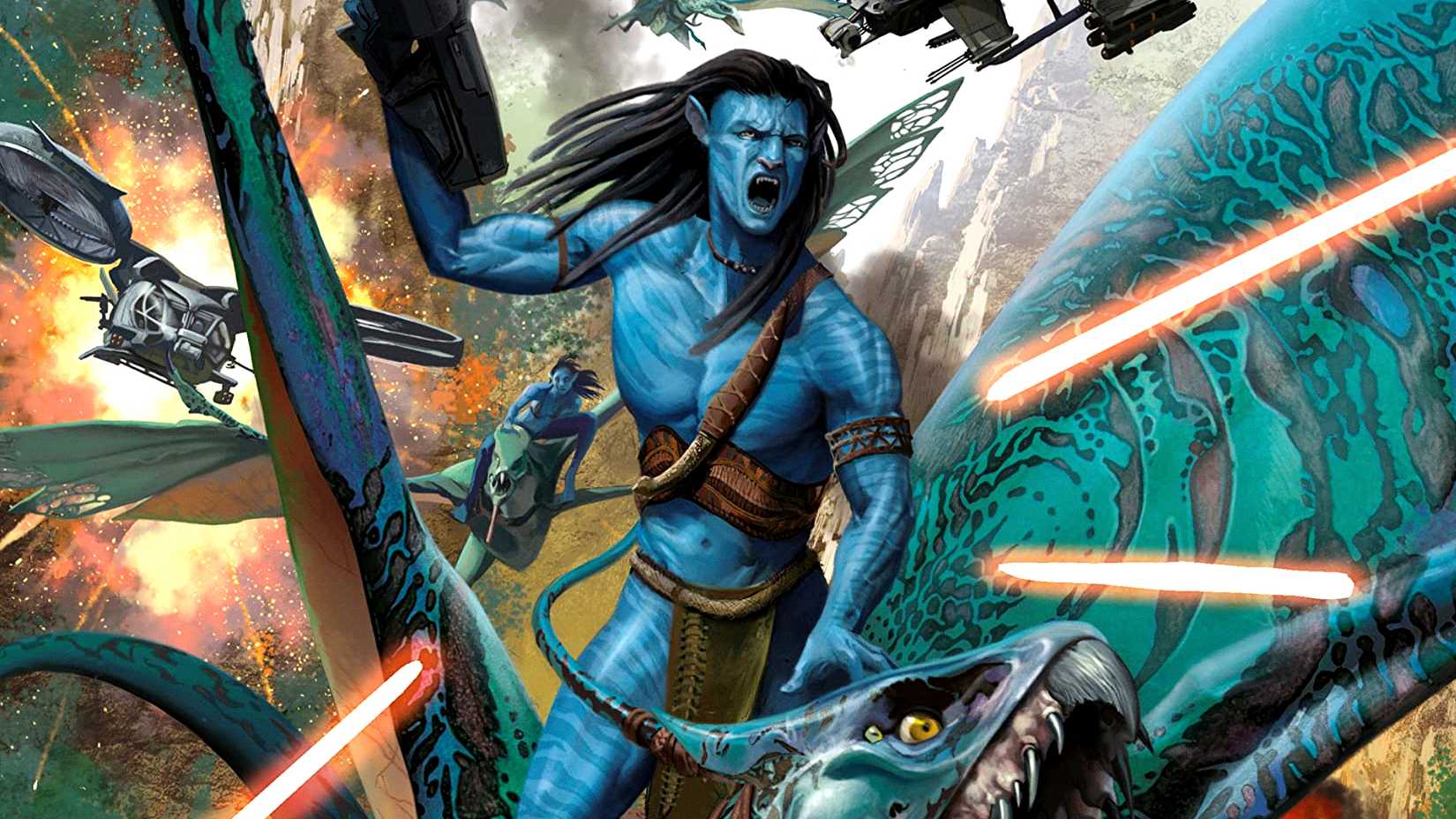 Jake Sully wields a gun while flying a Toruk in Avatar comic