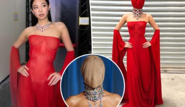Jennie of Blackpink wears red version of Kim Kardashian's masked Margiela gown