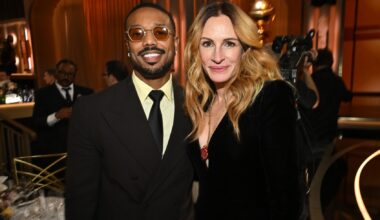 Michael B. Jordan and Julia Roberts at the 83rd Annual Golden Globes held at The Beverly Hilton on January 11, 2026 in Beverly Hills, California. (Michael Buckner/2026GG/Penske Media via Getty Images)