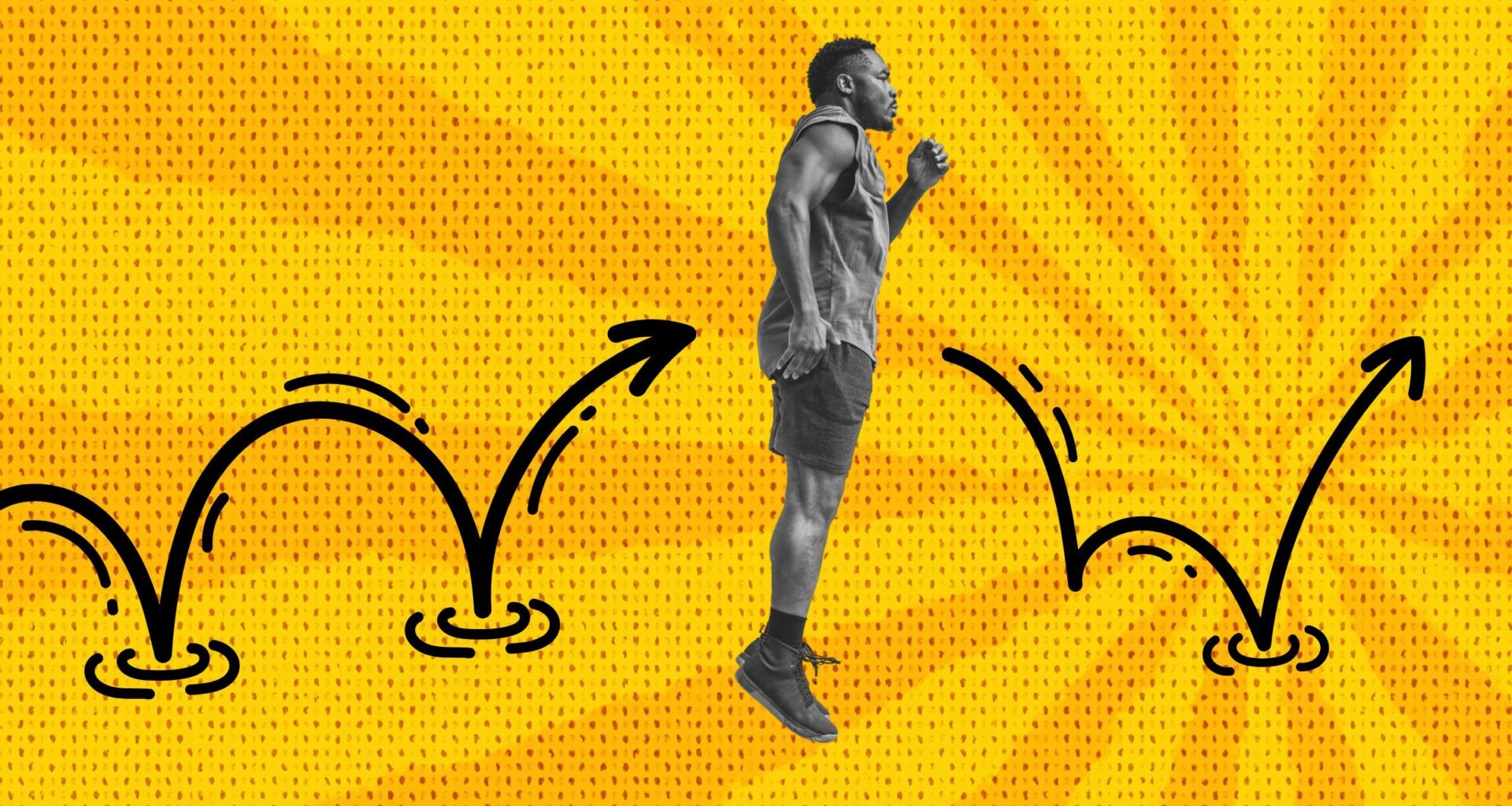 black and white photo of a man jumping 50 times in the morning on a stylized yellow background