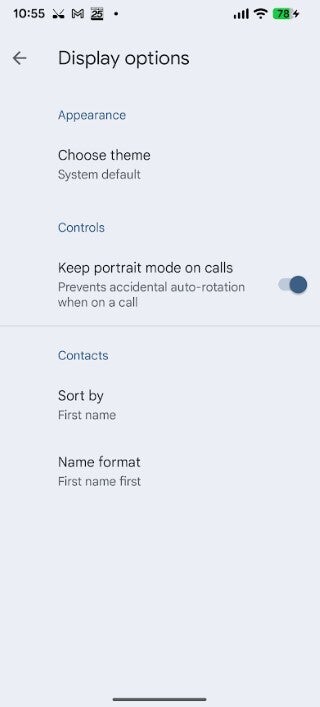 Screenshot shows Keep portrait mode on calls toggled on by default.