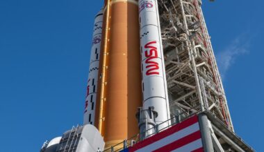 This image shows NASA’s SLS (Space Launch System) and Orion spacecraft rolling out of the Vehicle Assembly Building at NASA’s Kennedy Space Center in Florida