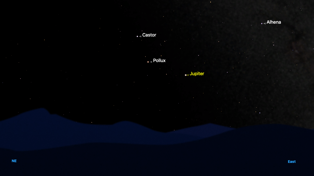 A simulation of the night sky for Dec. 20 showing Jupiter labelled in yellow close to the northeastern horizon with the bright stars Castor and Pollux shining to its upper left.