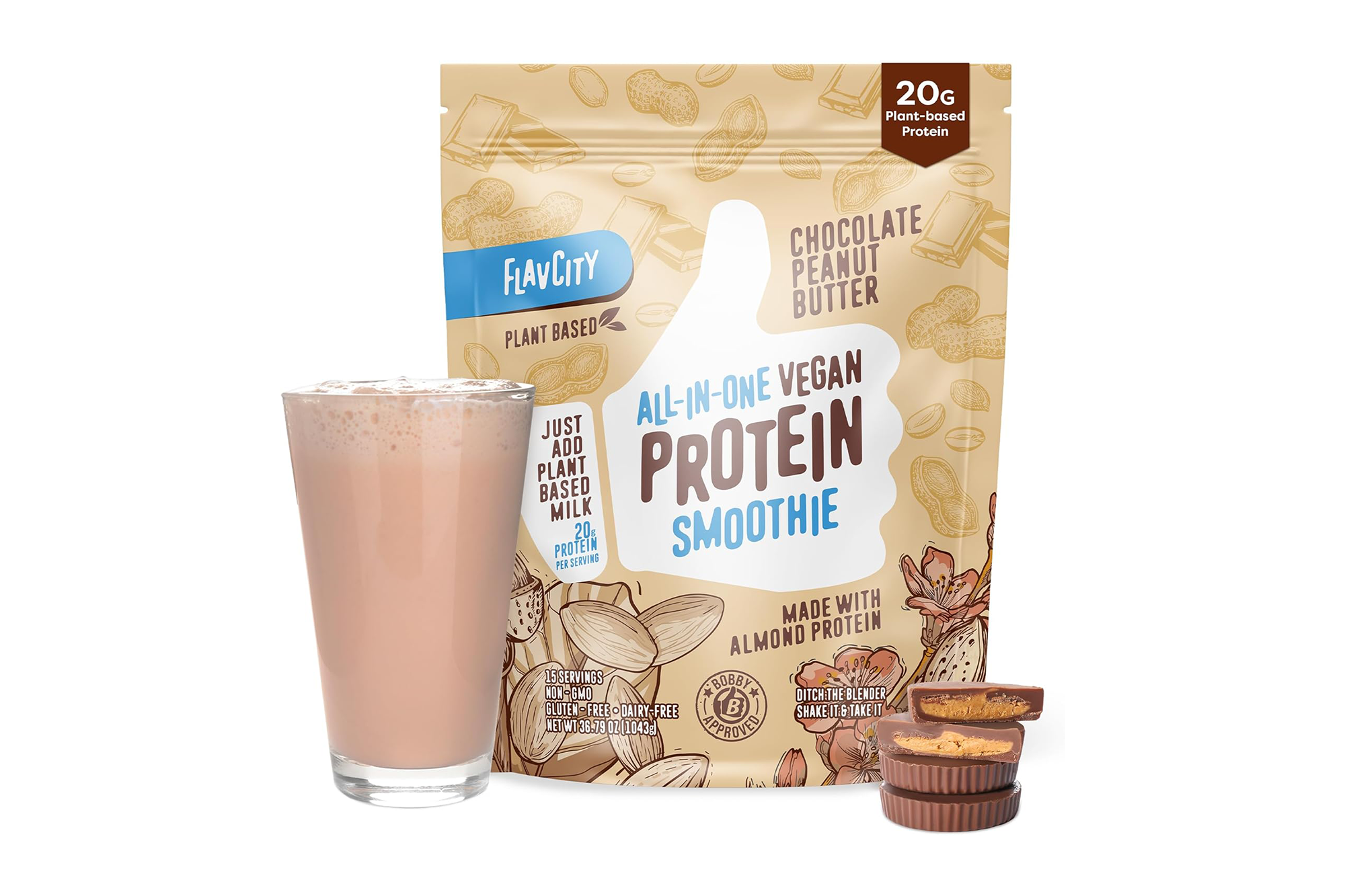 FlavCity Chocolate Peanut Butter All-in-One Vegan Protein Smoothie with a glass of the smoothie and peanut butter cups.