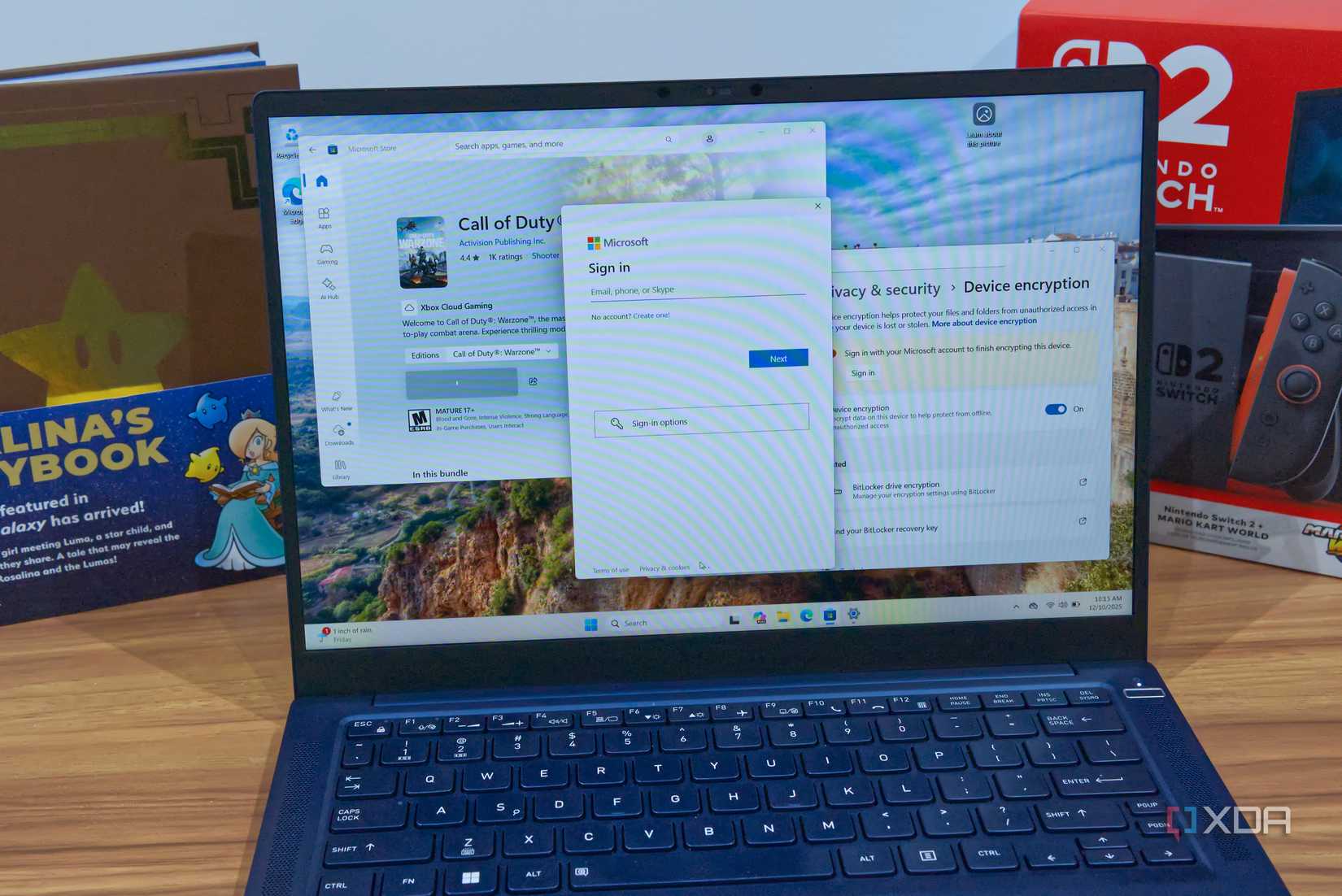 A laptop running showing the Windows 11 Settings app and Microsoft Store without a Microsoft account