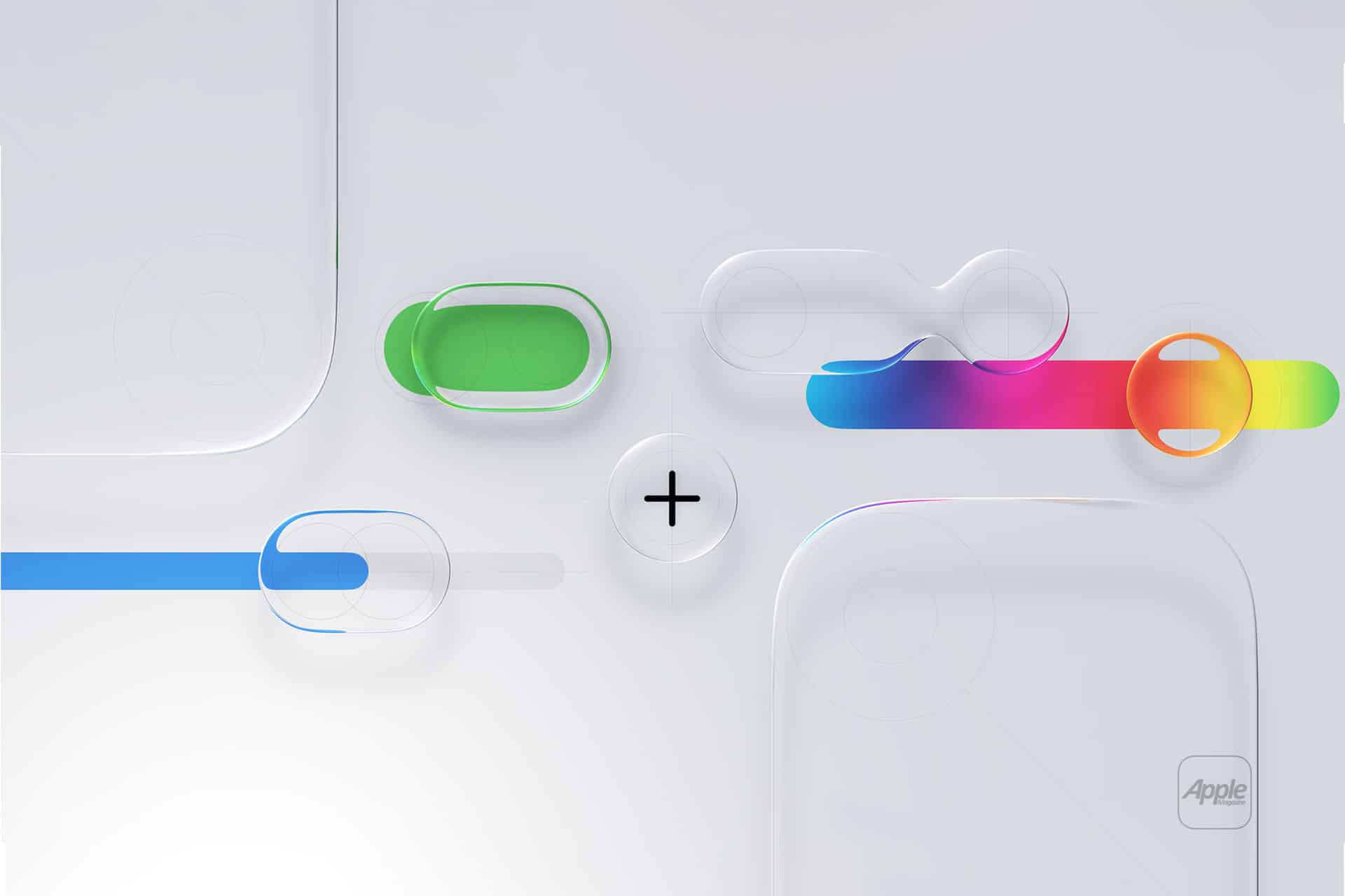 Abstract digital artwork with translucent switches, buttons, and sliders in green, blue, and rainbow colors on a light background. A black plus sign is at the center, with a faint Apple logo at the bottom right.