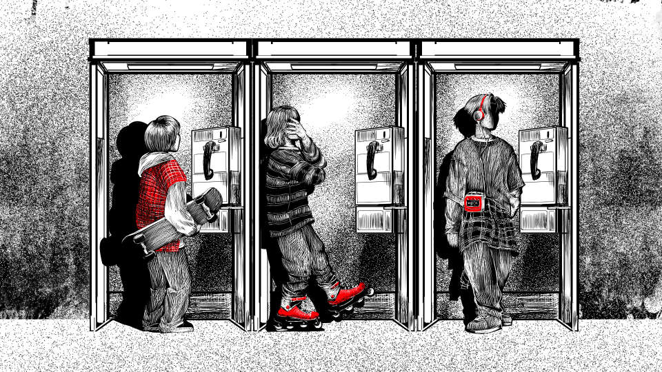 Three teens in phone booths.