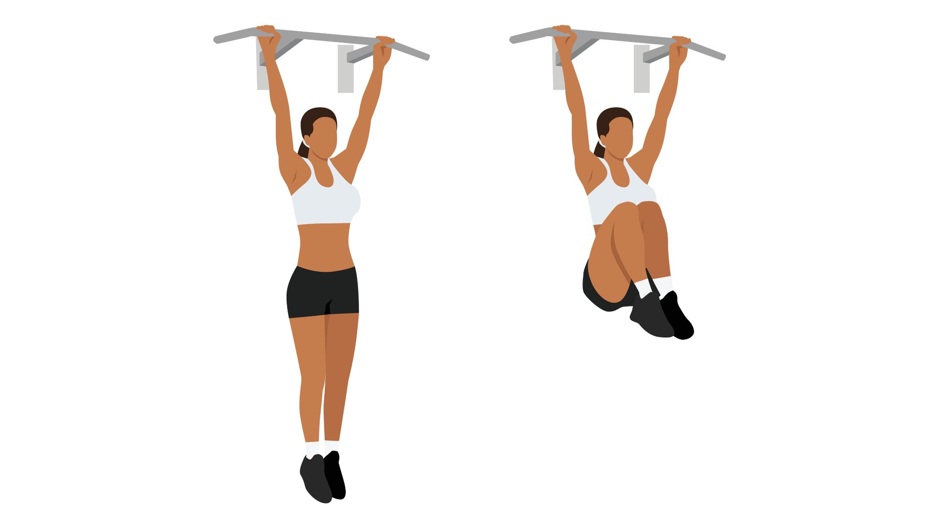 Illustration of a woman performing a hanging knee raise, shown with legs hanging down and knees lifted.