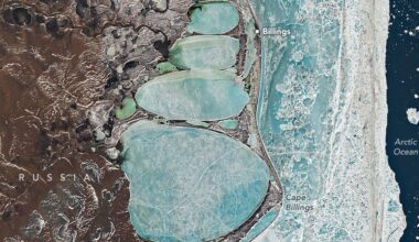 A photo of Earth from space where four snowy circles are seen against the labeled coastline of Russia with a dark blue ocean on the right of the image