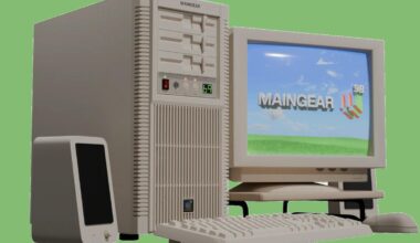 Maingear Retro98 beige PC featured against a green background