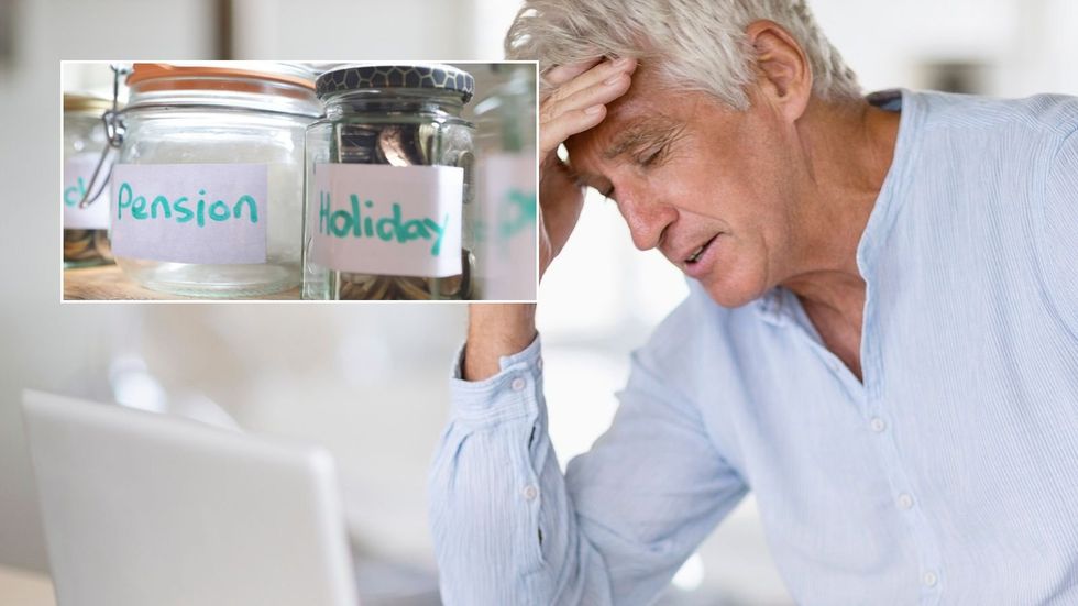 Man looking worried and savings pots