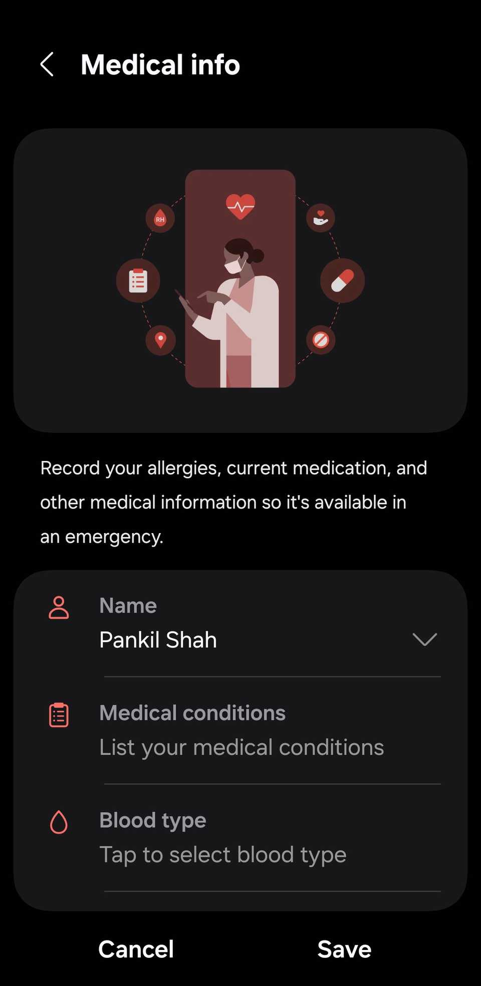 Medical info page on Android phone