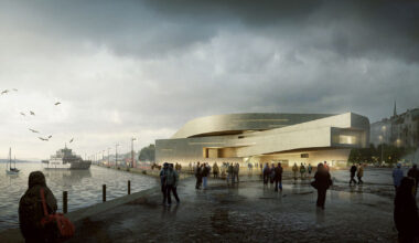 near figure envisions evolving green concrete museum unfolding along helsinki harbor