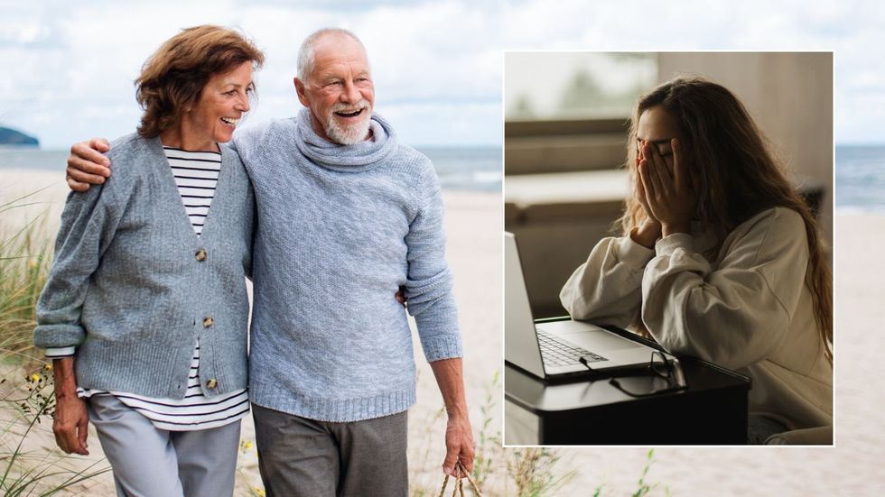 Older couple and woman looking stressed