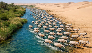 Oryx antelopes walking in the Sahara Desert with vegetation sprouting around them.