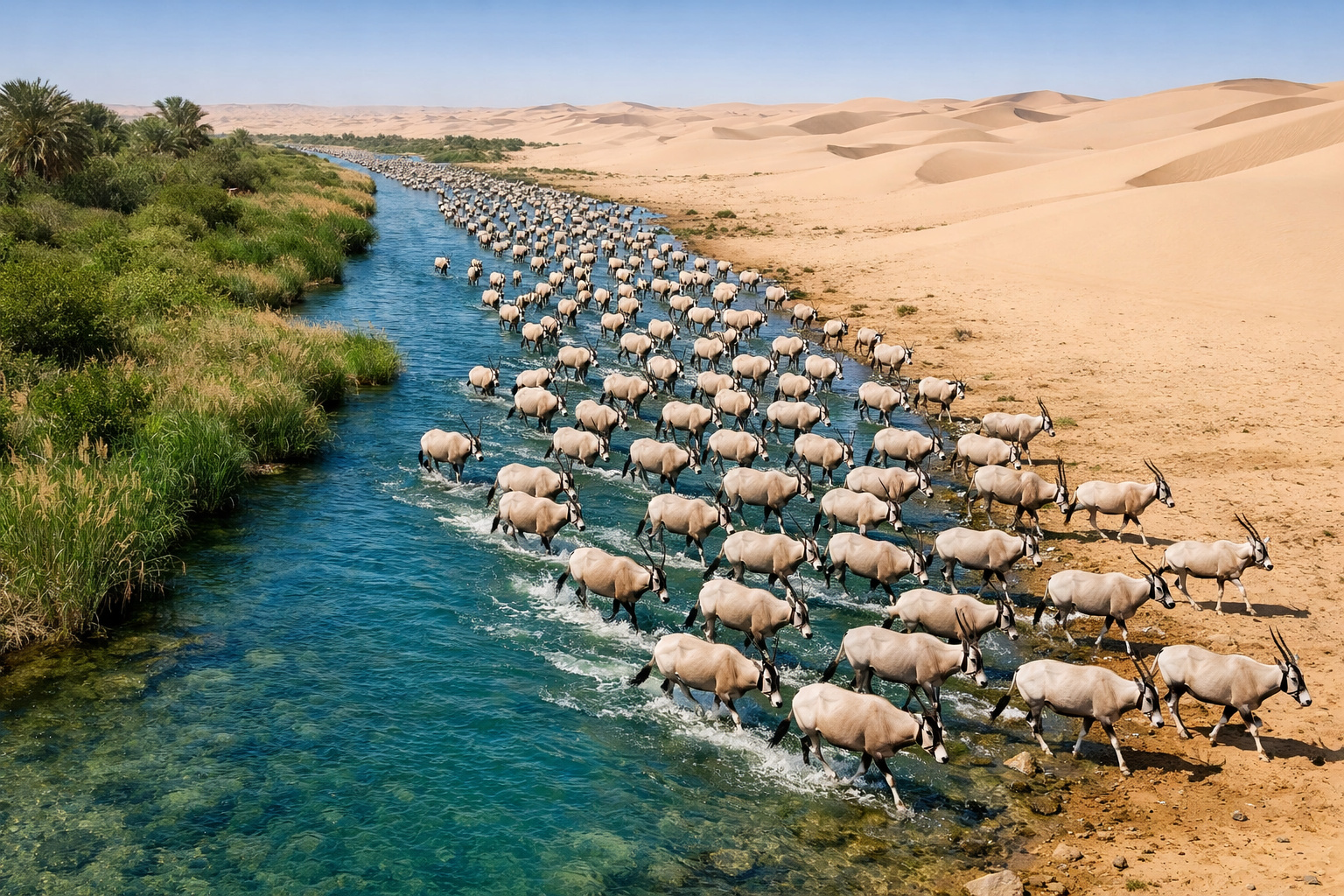 Oryx antelopes walking in the Sahara Desert with vegetation sprouting around them.