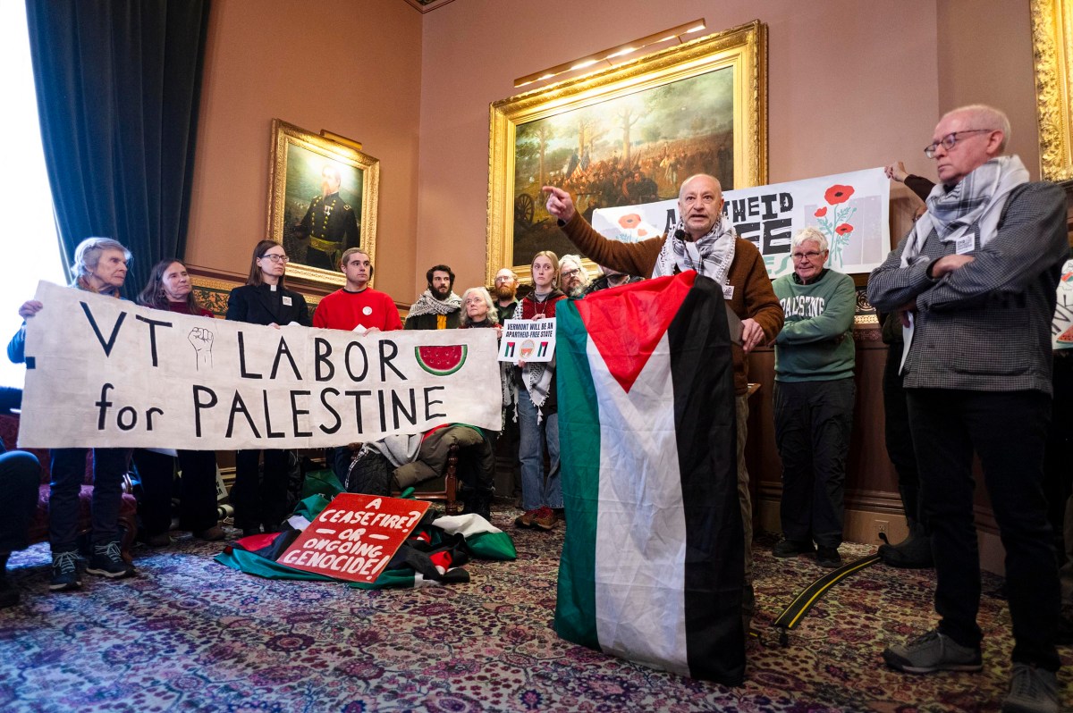 A group of people hold signs and a Palestinian flag at an indoor rally; one person speaks at a podium draped with the flag.