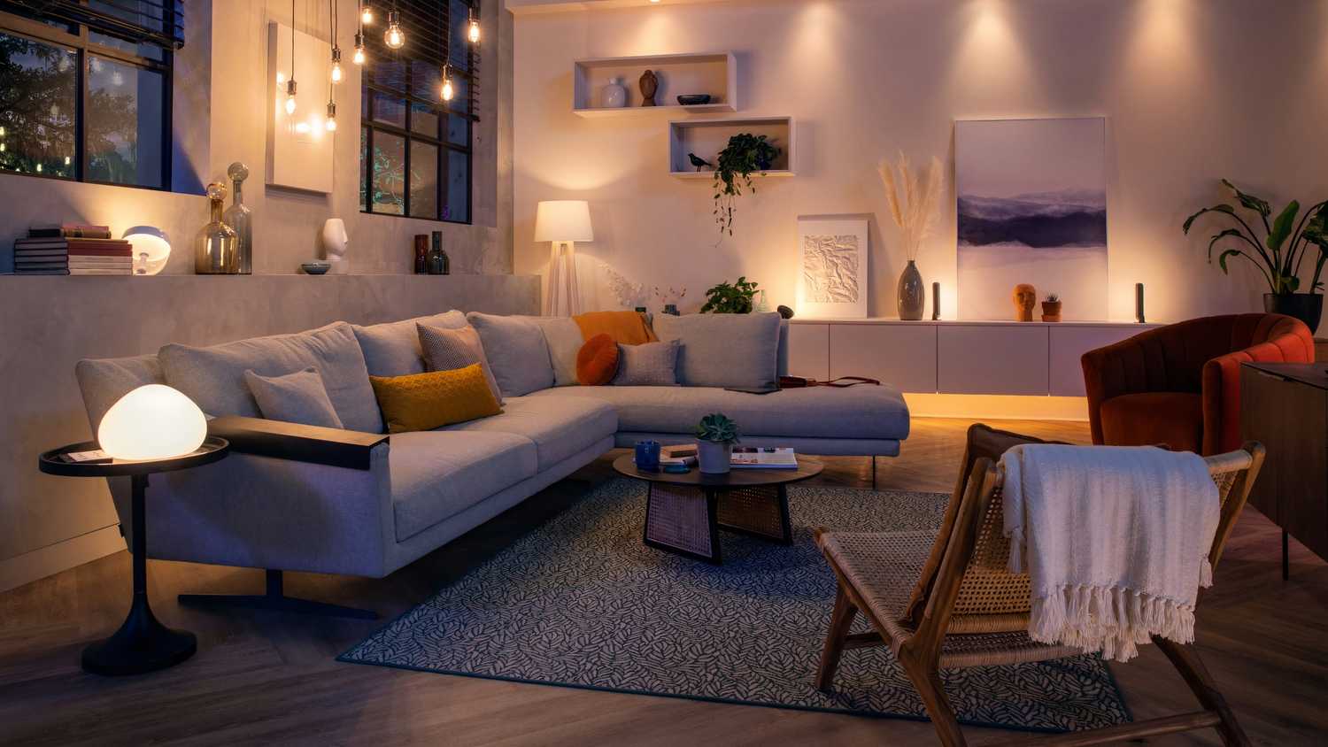 Philips Hue lights in a living room.