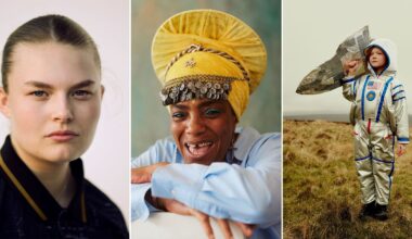 A collage of three portraits: a young woman with slicked hair, a smiling person in a yellow headwrap and blue shirt, and a child in a space suit costume holding a cardboard rocket outdoors.