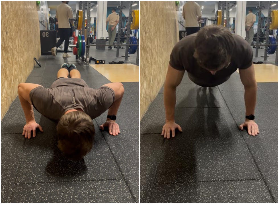 individual performing pushups in a gym setting