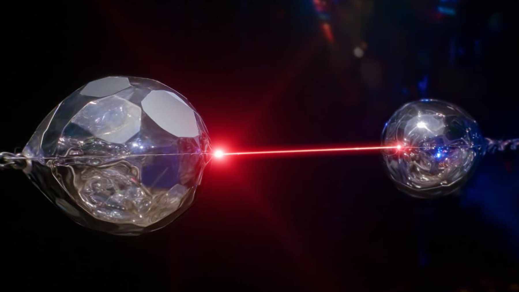 Physicists in Stuttgart examine optical equipment used to teleport quantum information between photons in a laboratory experiment.