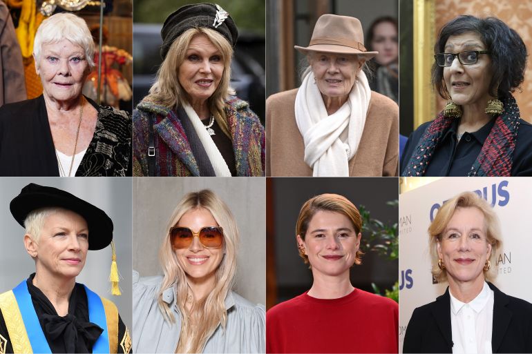 Left to Right : Dame Judi Dench, Dame Joanna Lumley, Dame Vanessa Redgrave, Dame Meera Syal Left to Right : Annie Lennox (singer-songwriter, activist), Sienna Miller (actress), Jessie Buckley (actress), Juliet Stevenson CBE (actress) [Getty Images]