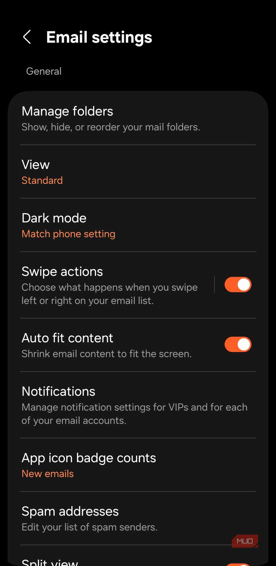 Samsung Email app settings on Galaxy phone