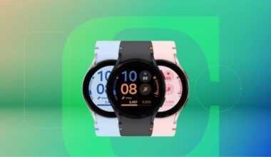 A trio of Samsung Galaxy watches against a gradient green and blue background