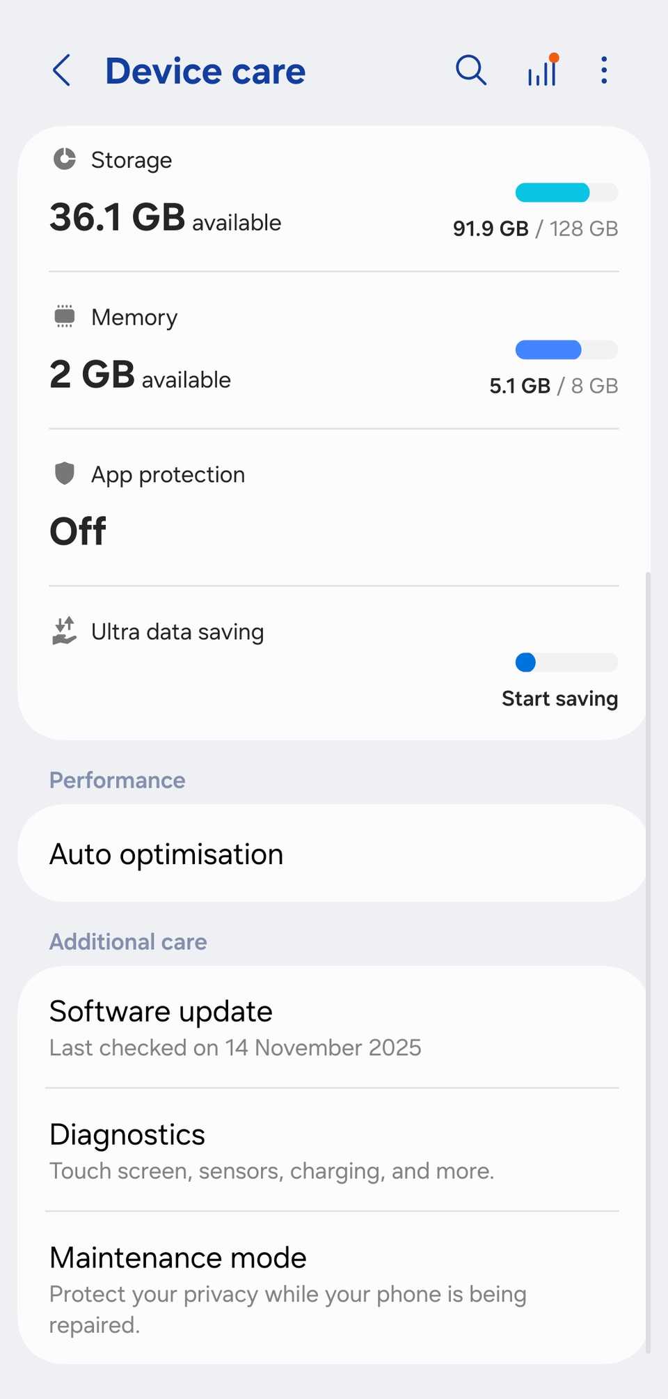 Samsung device care menu