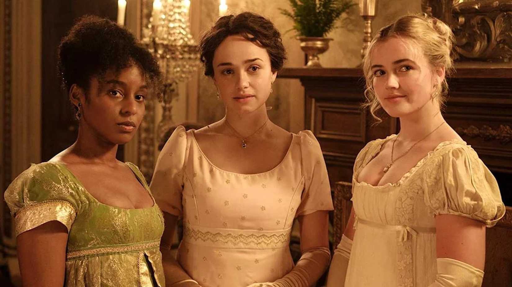 Three women in regency dresses in 2019's Sandition.