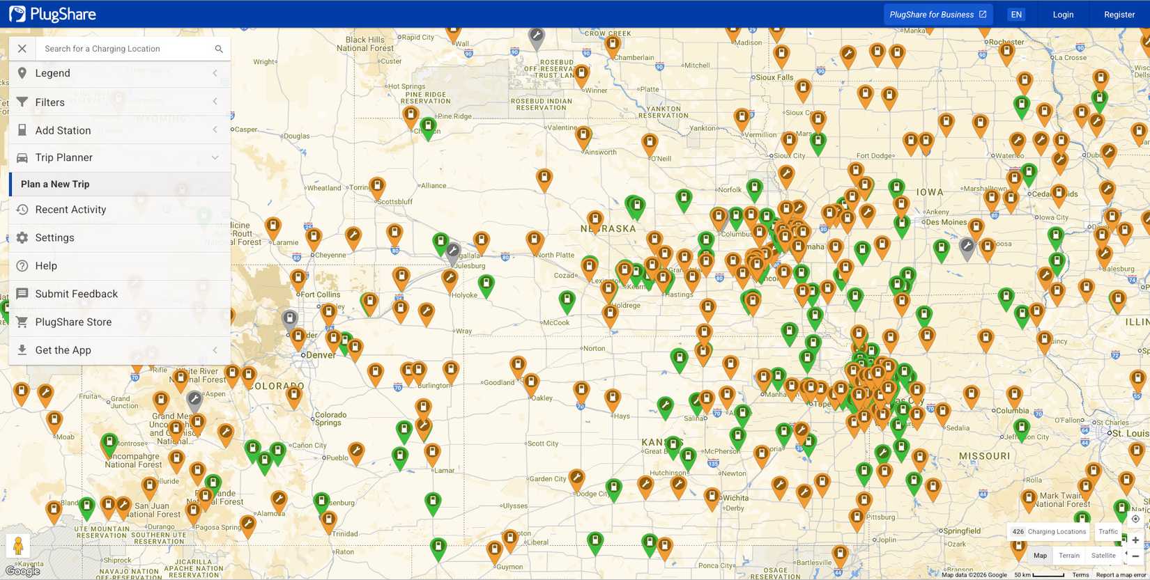 A screenshot of the PlugShare web interface showing a map of the central United States